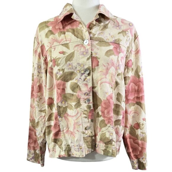 Coldwater Creek Linen Blend Cream Floral Button-Up Jacket Bloomcore Grandmacore - Picture 1 of 7